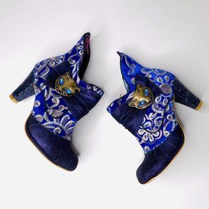 Blue Embellished Women's Heeled Booties with Cat Detail